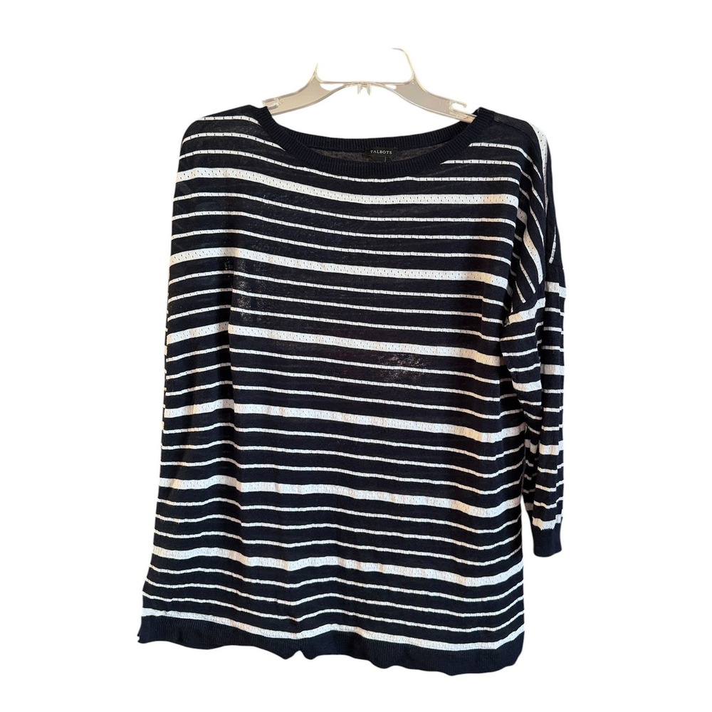 Talbots XL Navy Blue White Striped Linen Viscose Pointelle Knit Sweater Top